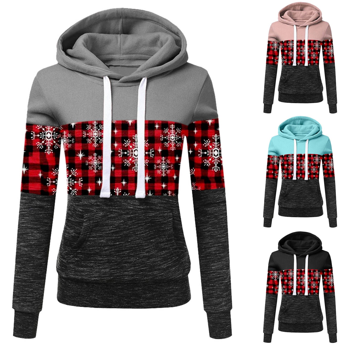 Christmas Multicolor Printing Long Sleeve Fleece Hooded Drawstring Sweater